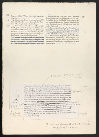 Montierte Entwürfe und korrigierte Seiten für Text und Schutzumschlag von Geschichte der Schrift in Bildern, 2. Auflage