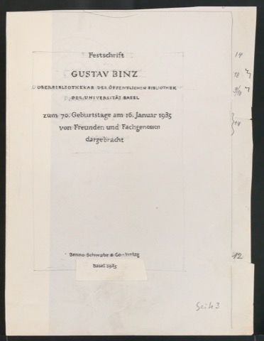 Entwurfszeichnungen von Titelblättern für Benno Schwabe & Co und Entwurfszeichnung für Plakat Kunstmuseum Bern