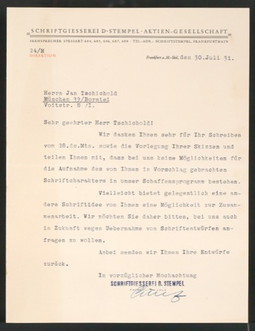Entwurfszeichnungen von Schriften mit Mediävalcharakter und Antiquacharakter und Brief an Jan Tschichold vom 30.07.1931