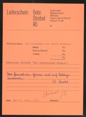 Lieferschein der Druckklischees für die Illustrationen von Der chinesische Stempel in Briefumschlag