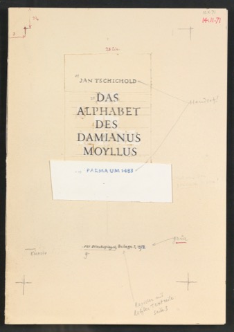 Broschur mit montierten Probedrucken, Skizzen und Satzanweisungen für Das Alphabet des Damianus Moyllus (Beilage Der Druckspiegel)