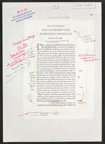 Korrigierter Klebeentwurf für den Zeitschriftenaufsatz Das Alphabet des Damianus Moyllus (Beilage Der Druckspiegel)