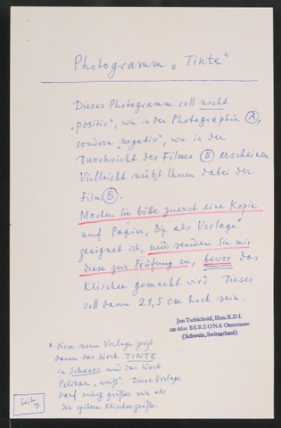 Notiz, Reproduktion und Probedruck für Fotogramm Pelikan Tinte