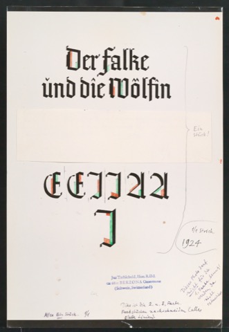 Korrigierte Reproduktion von Satzvorlage für das Titelblatt und Initialen von Der Falke und die Wölfin