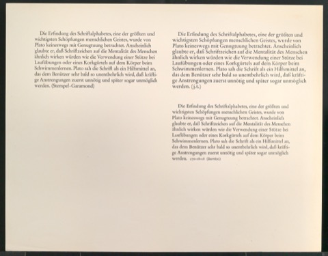 Übersichten mit Beispieltexten der Schriften Bembo, Stempel-Garamond, Linotype-Garamond, Monotype-Garamond und j.t.