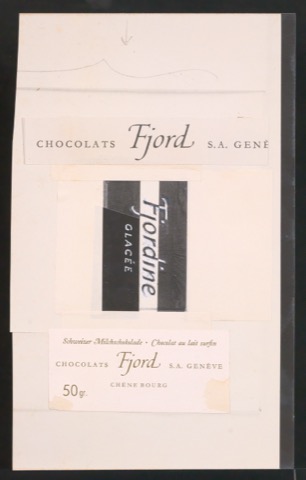 Entwurf und Klischeeabzug von Schriftzug für Schokoladenverpackung Fjordines Glacées