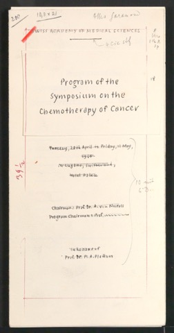 Blindband mit Entwurfsskizzen für Program of the Symposium on the Chemotherapy of Cancer