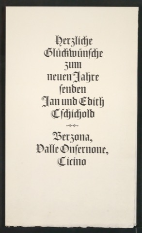 Probedruck von Neujahrswunsch Herzliche Glückwünsche zum neuen Jahre senden Jan und Edith Tschichold
