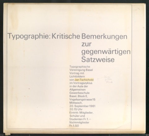 Klischeevorlage und Klischeeabzüge von Werbeplakat zum Vortrag Kritische Bemerkungen zur gegenwärtigen Satzweise