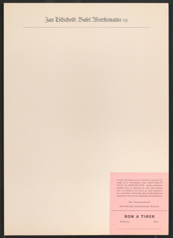 Korrigierter Probedruck von Briefbogen für Jan Tschichold, Wettsteinallee 115