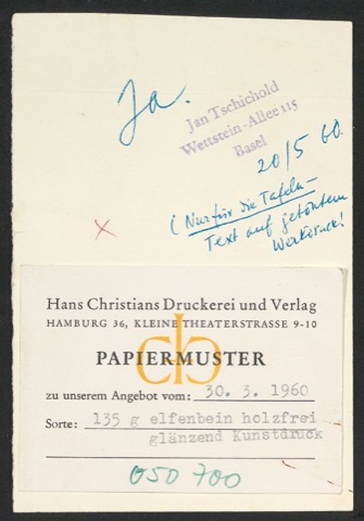 Papiermuster mit Notizen Tschicholds für Bildtafeldruck von Geschichte der Schrift mit Bildern