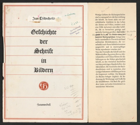 Korrigierter Probedruck mit montiertem Buchrücken für den Schutzumschlag von Geschichte der Schrift in Bildern