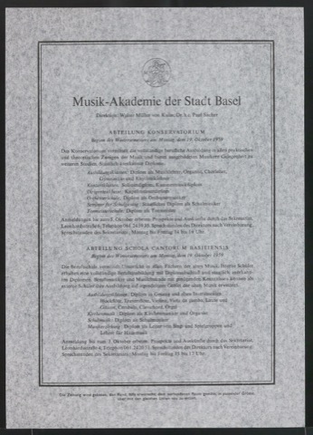 Zeitungsanzeige Musik-Akademie der Stadt Basel