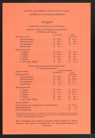 Übersicht Schulgeld für Abteilungen Musikschule und Schola Cantorum Basiliensis
