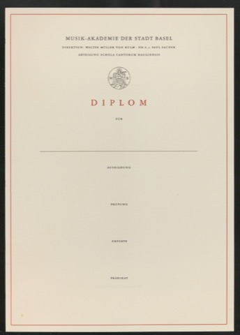 Zeugnisvordruck Diplom der Musik-Akademie Basel