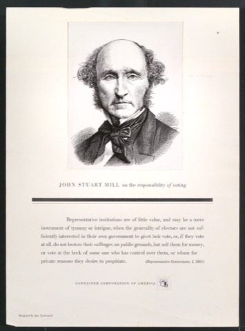 Probedruck mit ergänzten Klischeeabzügen zum Werbeplakat Great Ideas of Western Man: John Stuart Mill