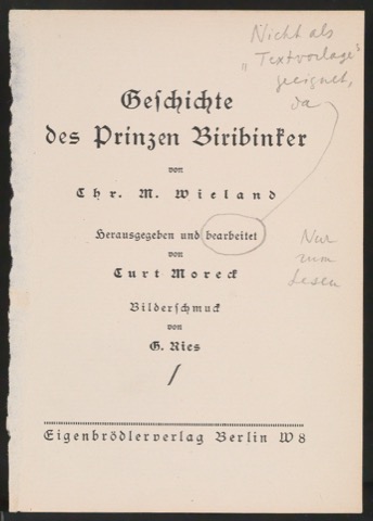 Probedruck von Titelblatt für Geschichte des Prinzen Biribinker