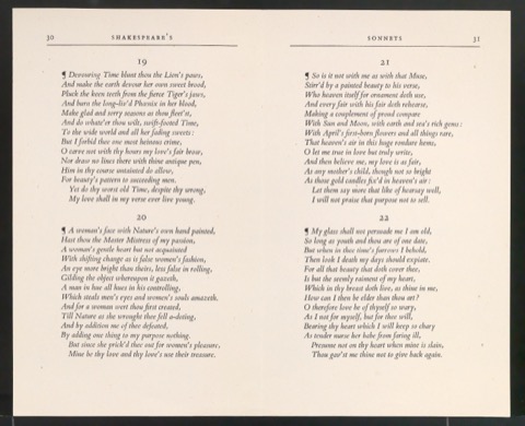 Probedruck für zwei Seiten von Shakespeare's Sonnets