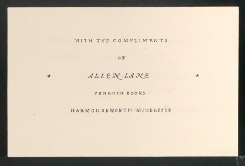 Entwurf der Typographie für den Empfehlungskarte Compliments of Allen Lane