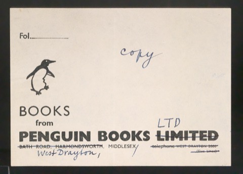 Korrigierter Probedruck für das Adressetikett Penguin Books Bath road