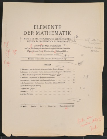Korrigierter Probedruck von Titelblatt für Elemente der Mathematik