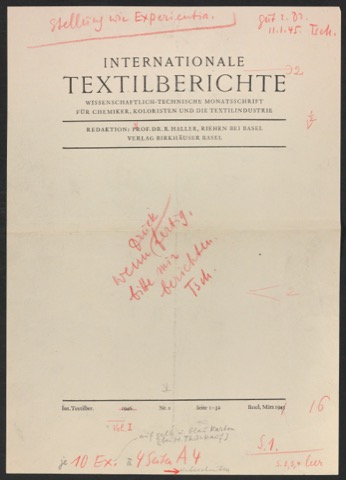 Korrigierte Druckfahne für das Titelblatt von Textilberichte