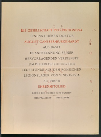 Korrekturfahne von Ernennungsurkunde für August Gansser-Burckhardt zum Ehrenmitglied