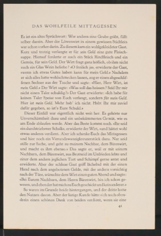 Probedrucke von Buchseiten Das Wohlfeile Mittagessen