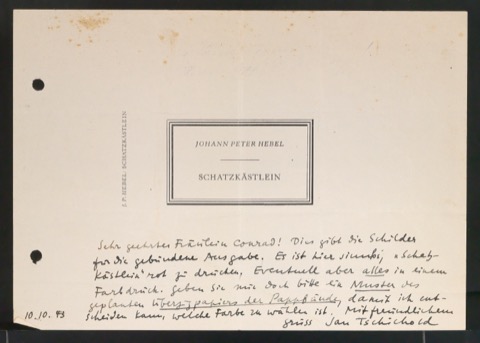 Brief von Jan Tschichold an [Fräulein] Conrad, Firma Birkhäuser, von 10.10.1943