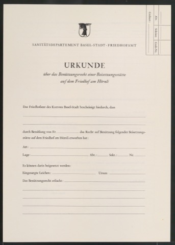 Urkunde über das Benützungsrecht einer Beisetzungsstätte auf dem Friedhof am Hörnli