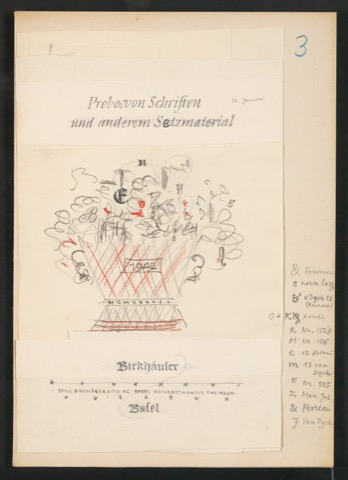 Montierte Entwurfszeichnung für den Umschlag von Probe von Schriften und anderem Setzmaterial
