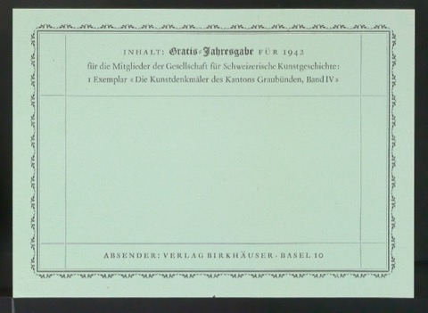 Probedrucke von Adressetikett Gratis-Jahresgabe für 1942 für die Mitglieder der Gesellschaft für Schweizerische Kunstgeschichte