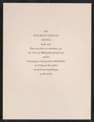 Empfehlungskarte zur Jahresversammlung 1942 der Schweizer Bibliophilen-Gesellschaft und der Vereinigung Schweizerischer Bibliothekare