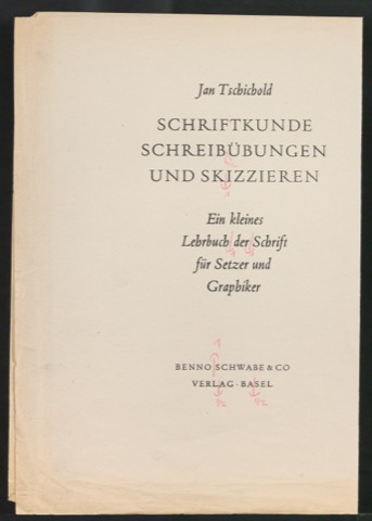 Probedrucke für den Schutzumschlag von Schriftkunde, Schreibübungen und Skizzieren