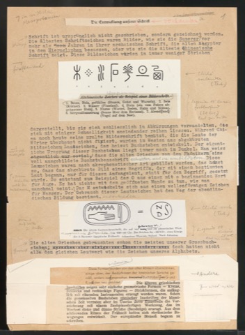 Typoskript mit montierten Illustrationen und Ausschnitten für Schriftkunde, Schreibübungen und Skizzieren für Setzer