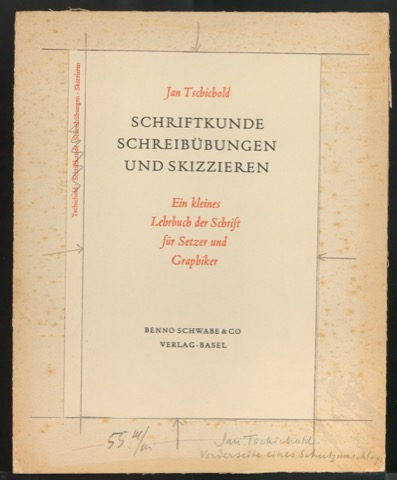 Montierte Vorderseite eines Schutzumschlags für Schriftkunde, Schreibübungen und Skizzieren für Setzer