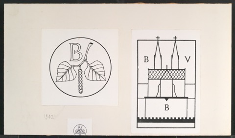 Montierte Klischeeabzüge von Verlegermarken für Birkhäuser und Burg-Verlag