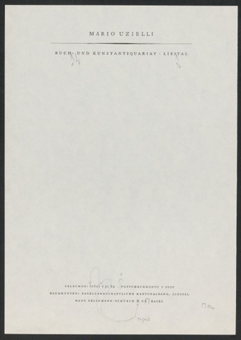 Entwurf und Korrekturfahnen für einen Briefbogen für Mario Uzielli Buch- und Kunstantiquariat