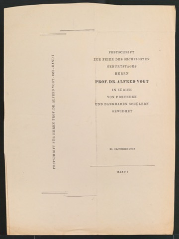 Probedruck für den Umschlag von Festschrift zur Feier des 60. Geburtstages Herrn Prof. Dr. Albert Vogt