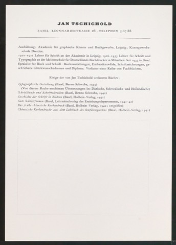 Vita Tschicholds mit einigen von Tschichold verfassten Büchern