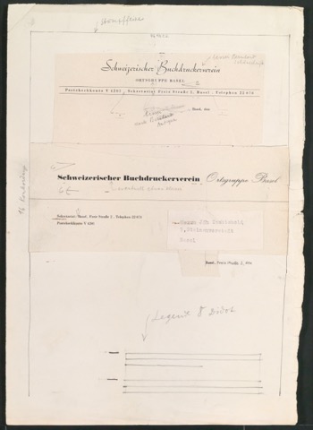 Entwurf und Probedrucke von Briefbogen für Schweizerischer Buchdruckerverein Ortsgruppe Basel