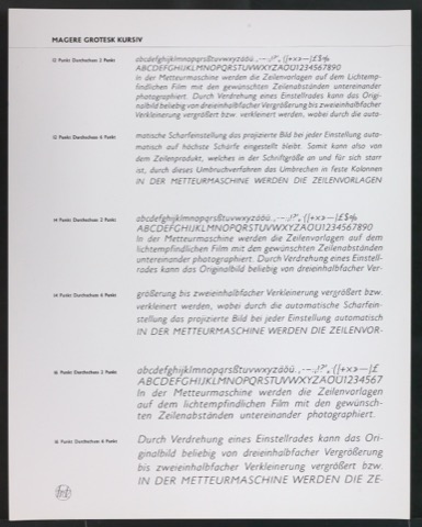 Kontaktabzüge Magere Grotesk Kursiv für Uhertype Prospekt