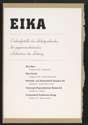Anzeige für Eika, der Einkaufsstelle des Schutzverbandes der papierverarbeitenden Industrien der Schweiz