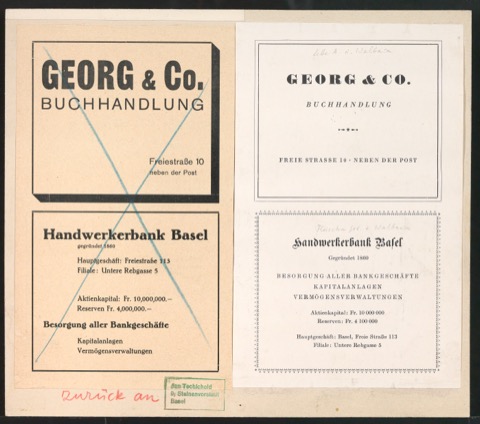 Anzeigen für Buchhandlung Georg & Co und Handwerkerbank Basel