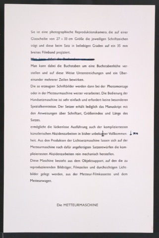 Korrigierte Kontaktabzüge für einen Werbeprospekt zur Uhertype Hand-Lichtsetzmaschine