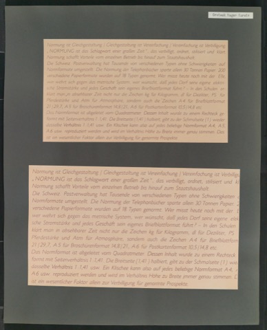Mappe mit großformatig montierten Probedrucken von Uhertype Standard-Grotesk und Uhertype Ramses