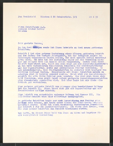 Briefe von Jan Tschichold an Schriftguß AG und Schriftgiesserei H. Berthold AG, vom 24.4.33 und 1.5.33