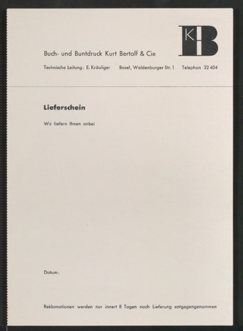 Probedruck von Lieferschein für Kurt Bertolf & Cie
