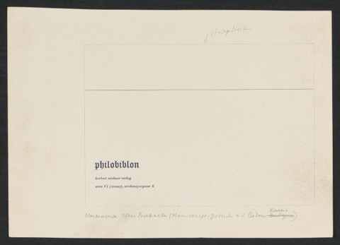 Korrekturfahne einer Postkarte für Philobiblon