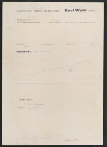 Skizzenentwurf von Briefkopf für Karl Wahl, Bauschlosserei